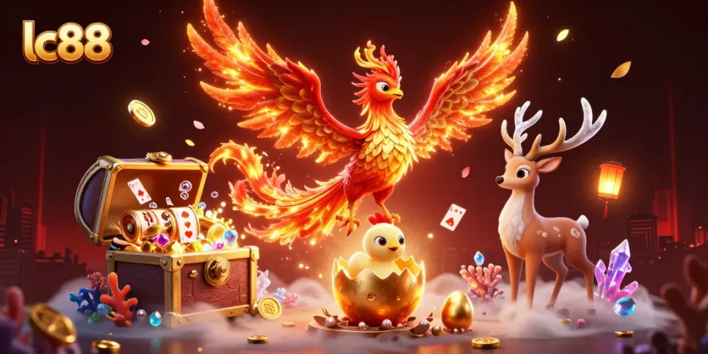 Experience lc88 gaming excitement with a vibrant phoenix and dynamic slot reels.