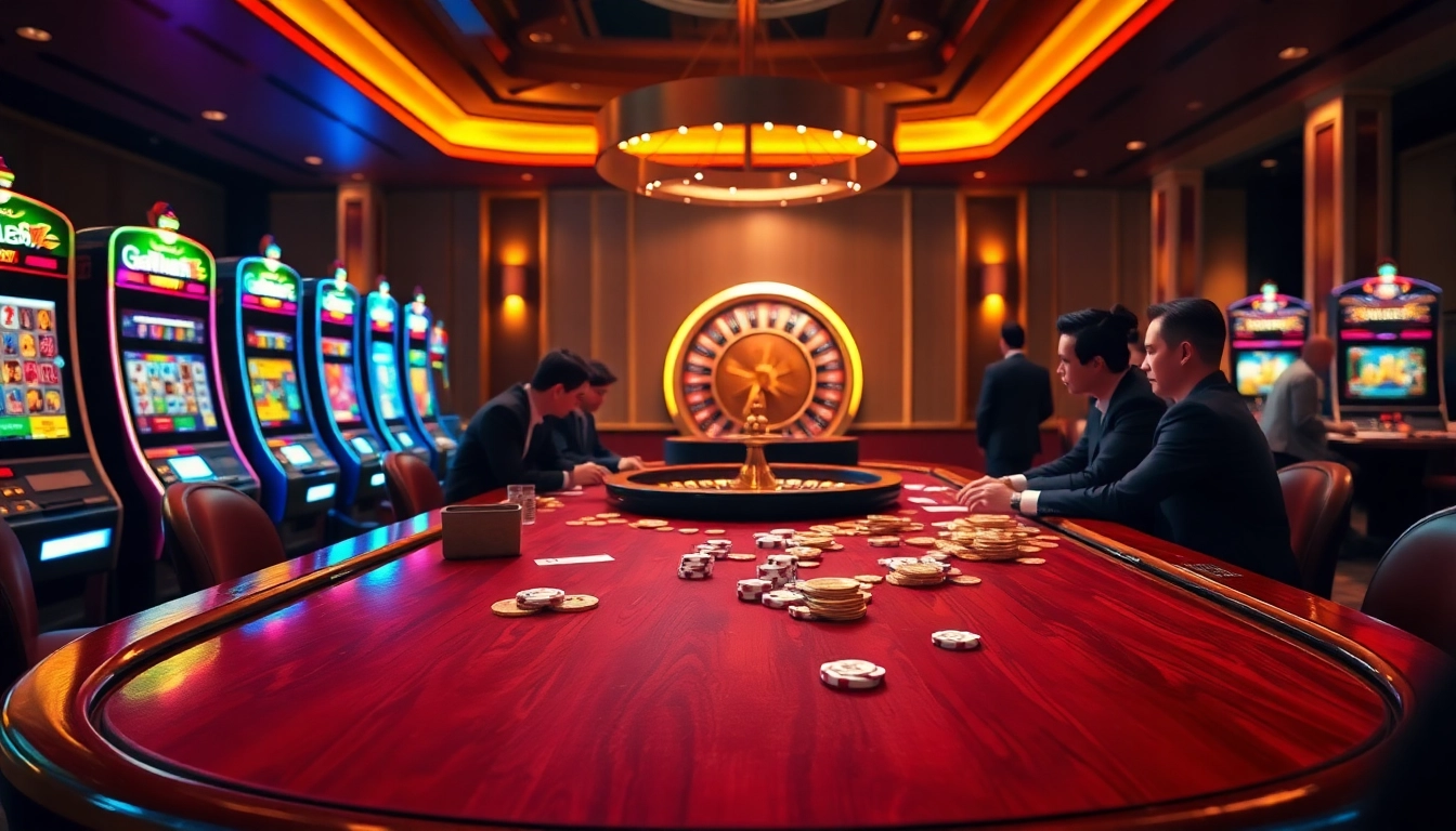 Exciting j88 casino scene showcasing poker, slots, and roulette for ultimate gaming experience.