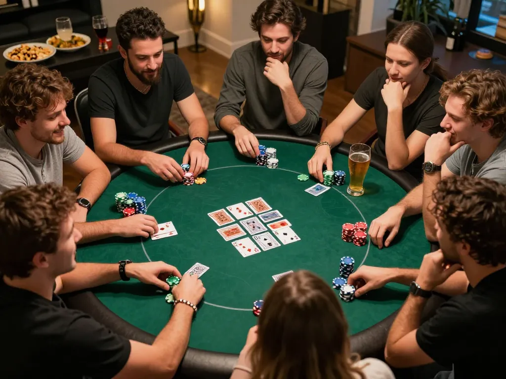 Friends enjoy poker night, strategically placing bets and enjoying camaraderie with bealiveandkicking attitudes.