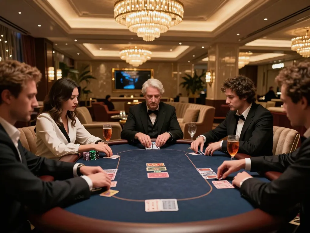 Players focus on high-stakes poker at https://shbet.free/, showcasing strategized gameplay in an elegant lounge.