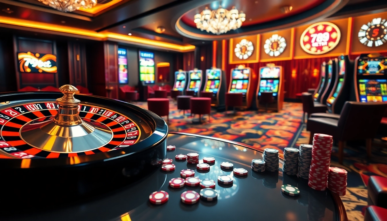Experience the excitement of 789bet com in a vibrant online casino setting featuring roulette, poker chips, and flashing slot machines.