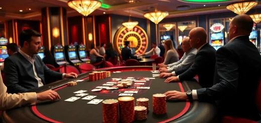 Experience the thrill of SODO Casino with players at a poker table surrounded by vibrant gaming elements.