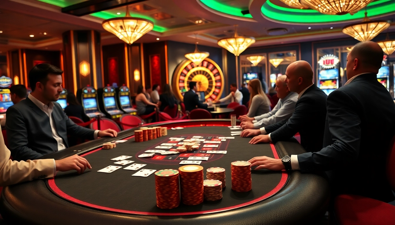 Experience the thrill of SODO Casino with players at a poker table surrounded by vibrant gaming elements.