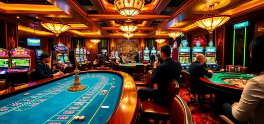 Excited gamblers playing at 789club with colorful slot machines and vibrant casino tables.