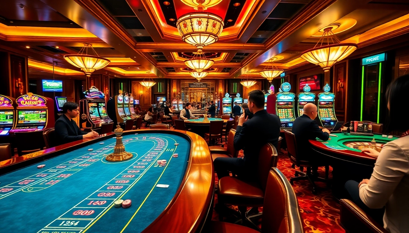 Excited gamblers playing at 789club with colorful slot machines and vibrant casino tables.