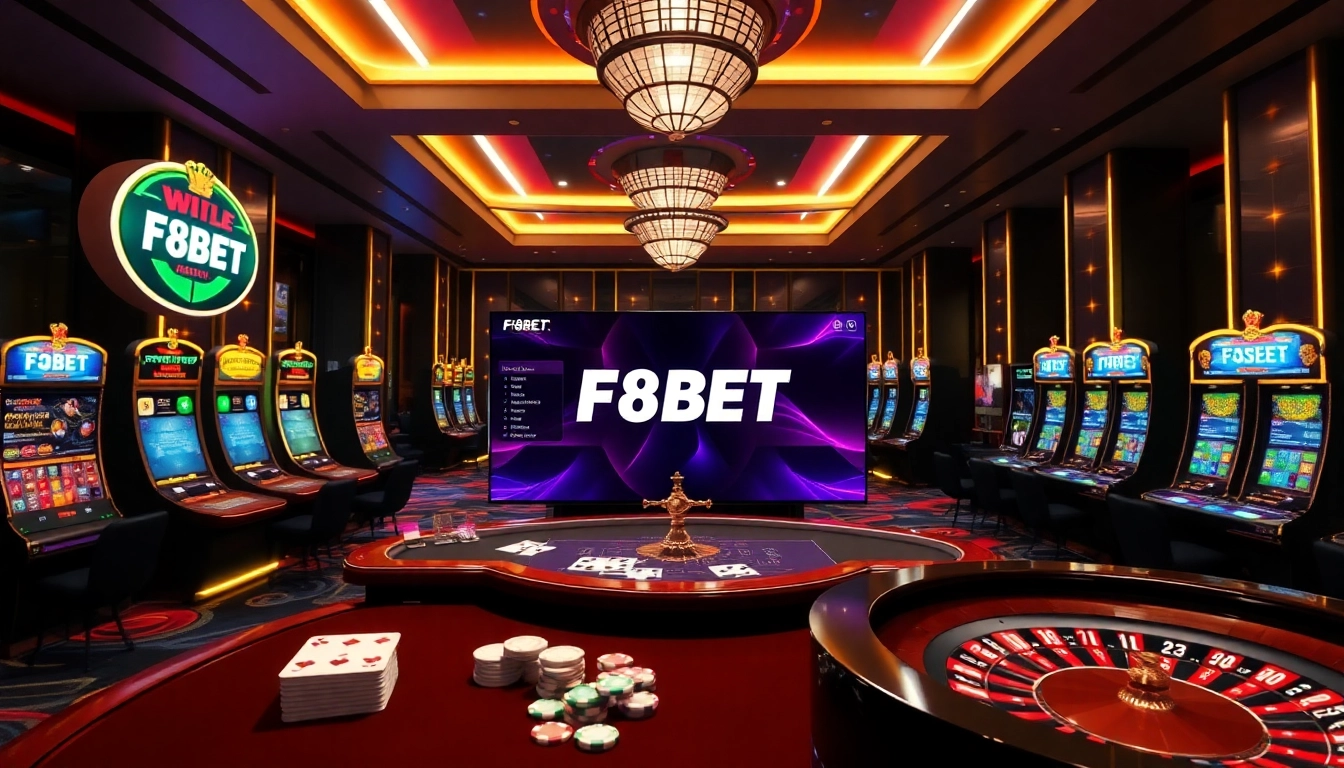 Engaging scene of F8BET online casino with vibrant tables and slot machines.