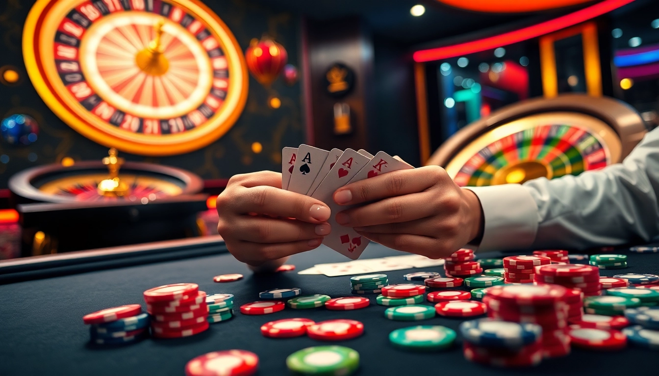 Player strategically evaluates their cards in an exciting Dominoqiu game at a luxurious casino table.