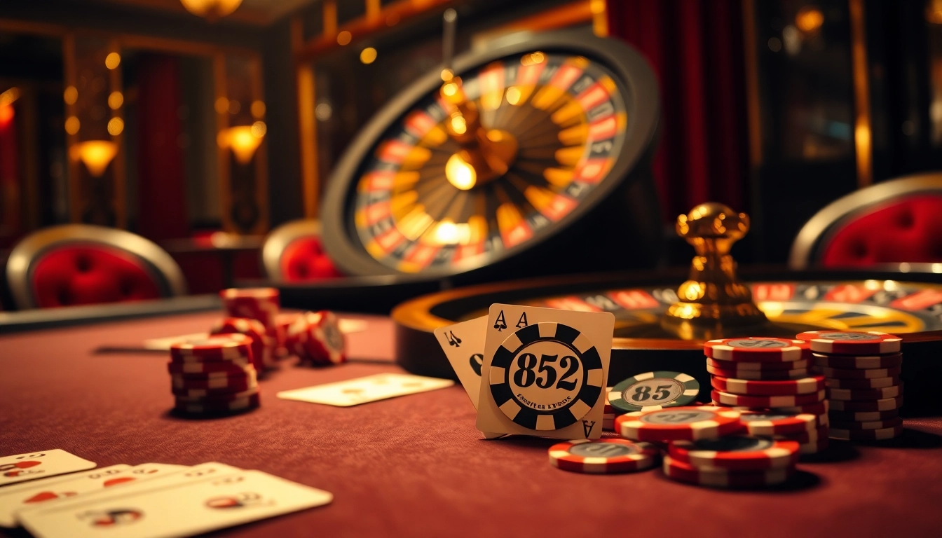 Experience the thrill of gambling with B52-themed poker chips at an elegant casino table.