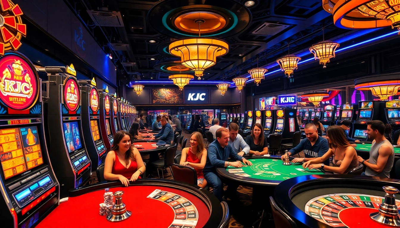 KJC branding shines in a vibrant casino scene with players enjoying poker and slots.