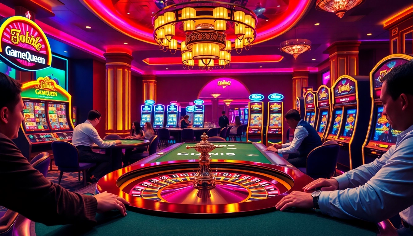 Experience thrilling gambling at the luxurious GameQueen casino with vibrant tables and roulette wheels.