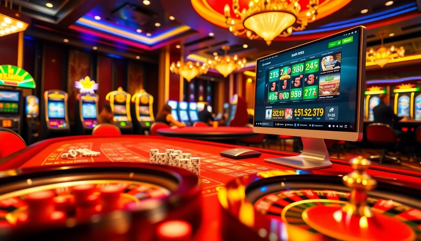 Enjoying gaming excitement at https://kuwinblog.com/ with players at a luxurious casino table and vibrant slot machines.