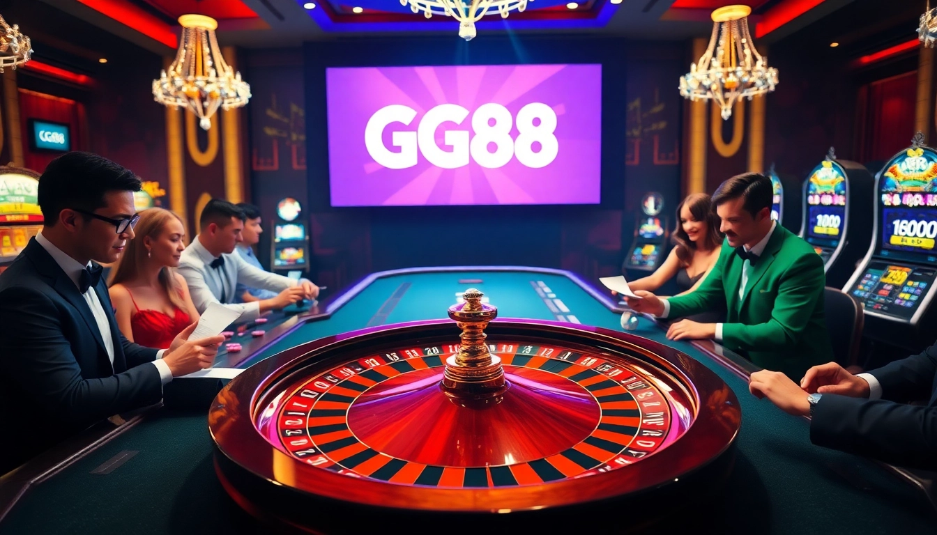 Excited players engaging in a thrilling game of roulette at GG88 casino, showcasing vibrant casino atmosphere.