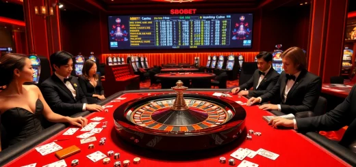 SBOBET branded roulette wheel surrounded by enthusiastic players in a luxurious casino atmosphere