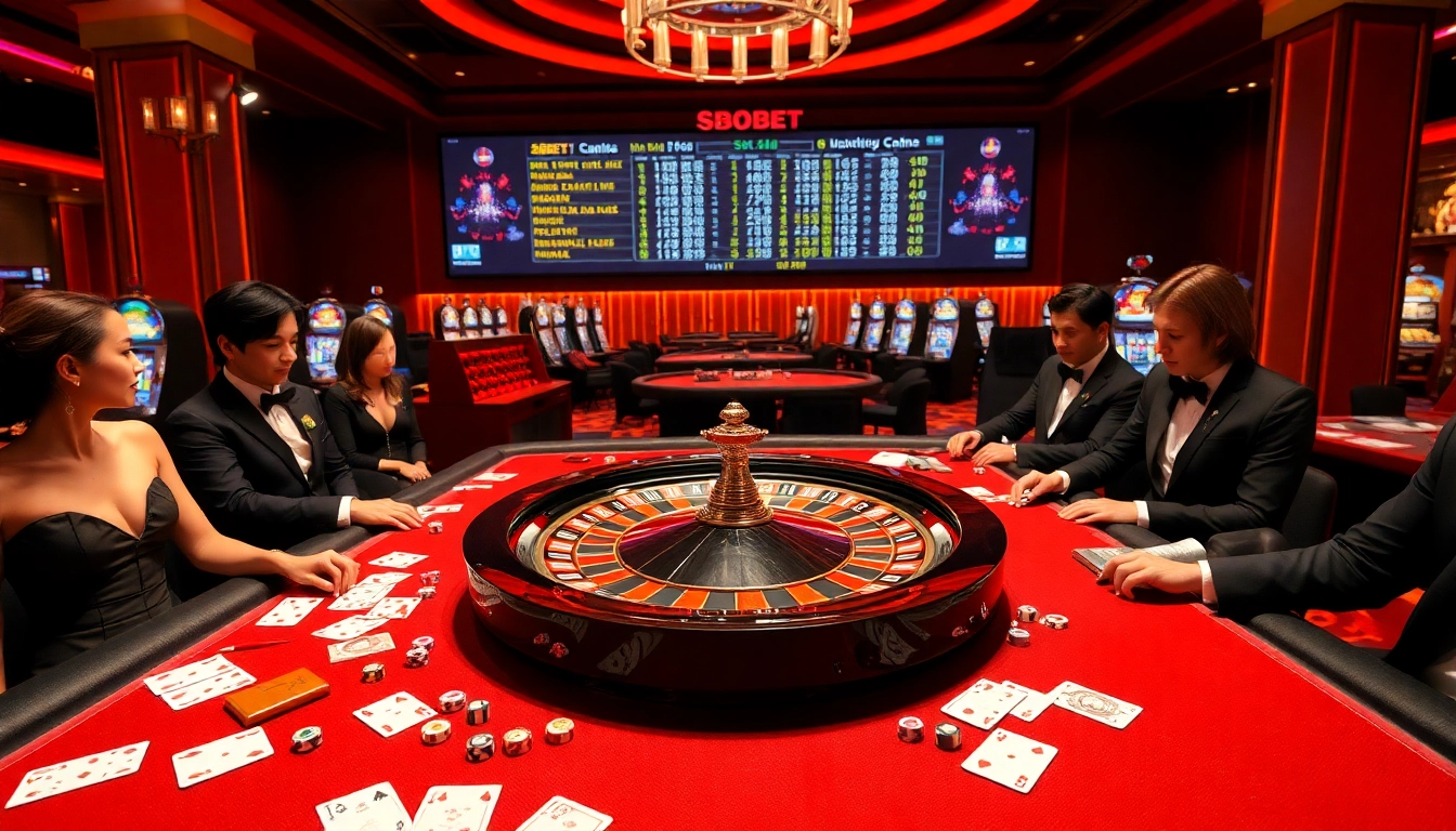 SBOBET branded roulette wheel surrounded by enthusiastic players in a luxurious casino atmosphere
