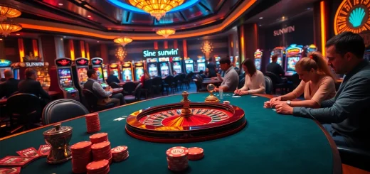 Experience exciting gameplay at Sunwin casino with vibrant cards, chips, and a roulette wheel.