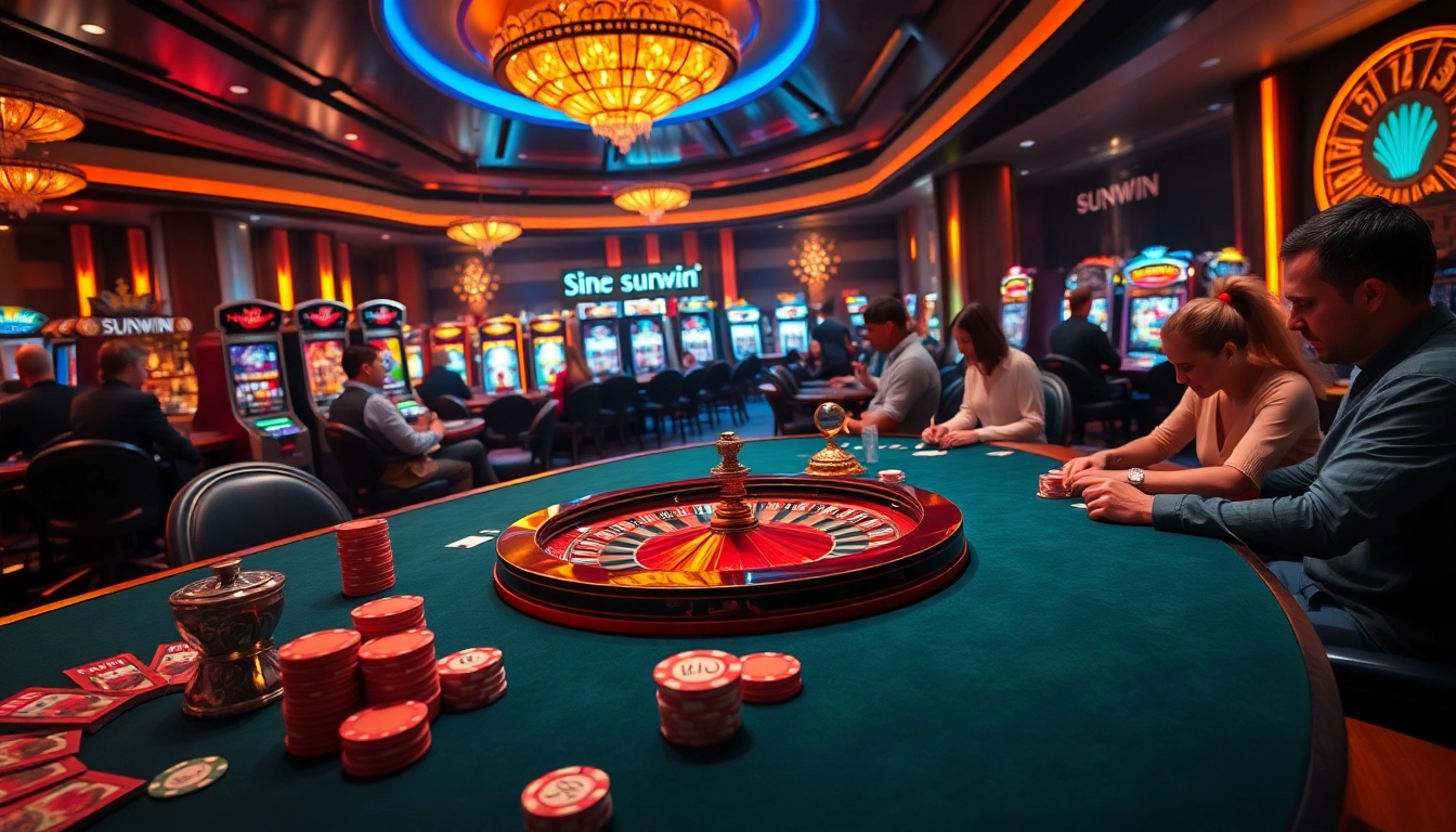 Experience exciting gameplay at Sunwin casino with vibrant cards, chips, and a roulette wheel.