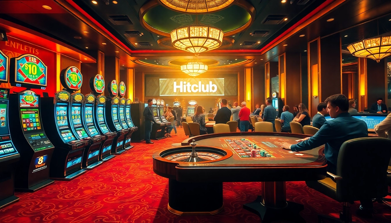 Hitclub casino scene with vibrant slot machines and an elegant roulette wheel in a luxurious setting.