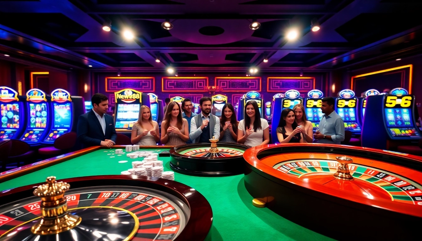 Engage with New88's online gaming experience featuring vibrant casino tables and slot machines.