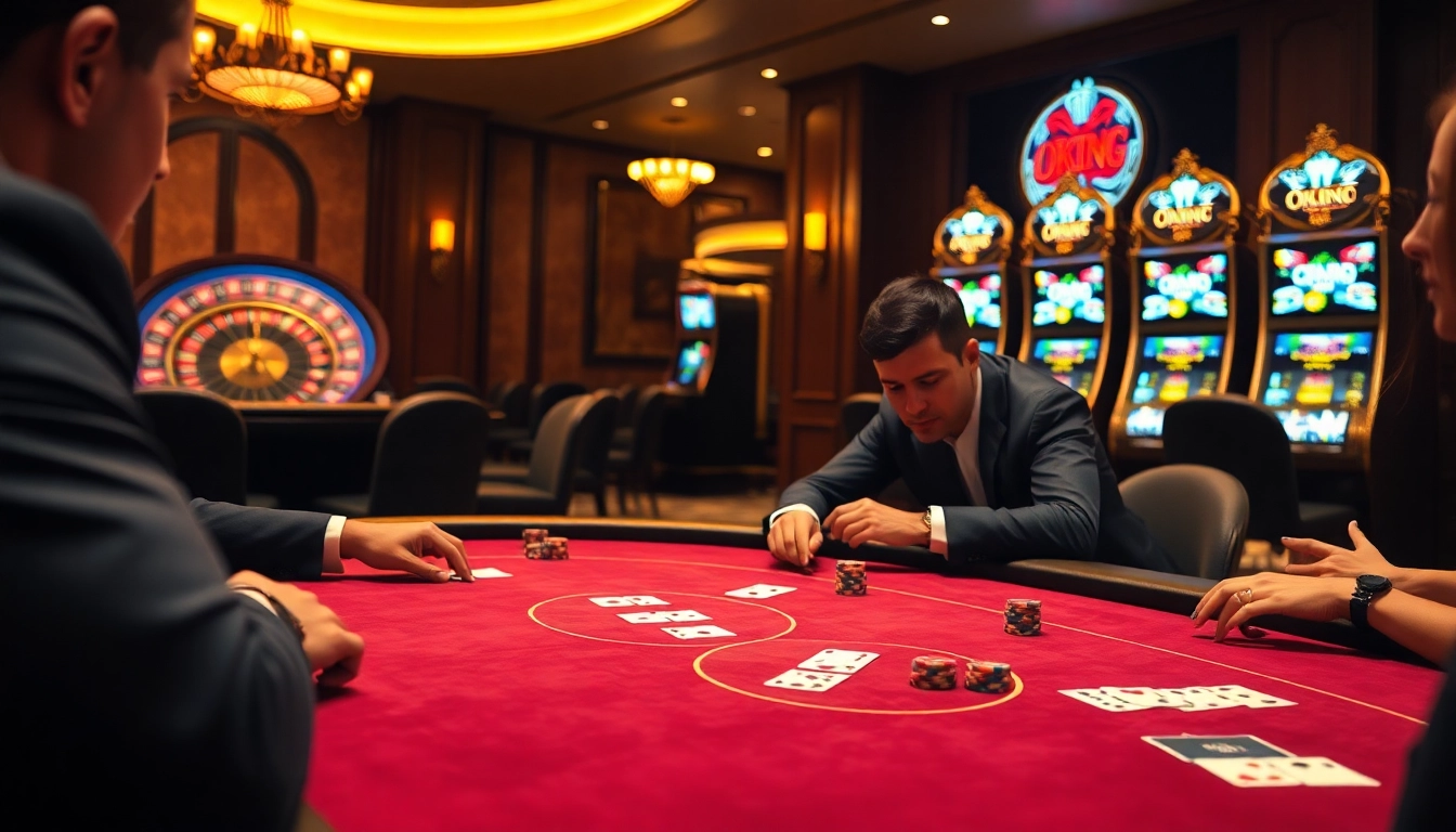 Players engaging in high-stakes poker at a luxurious casino, embodying the essence of Okking.