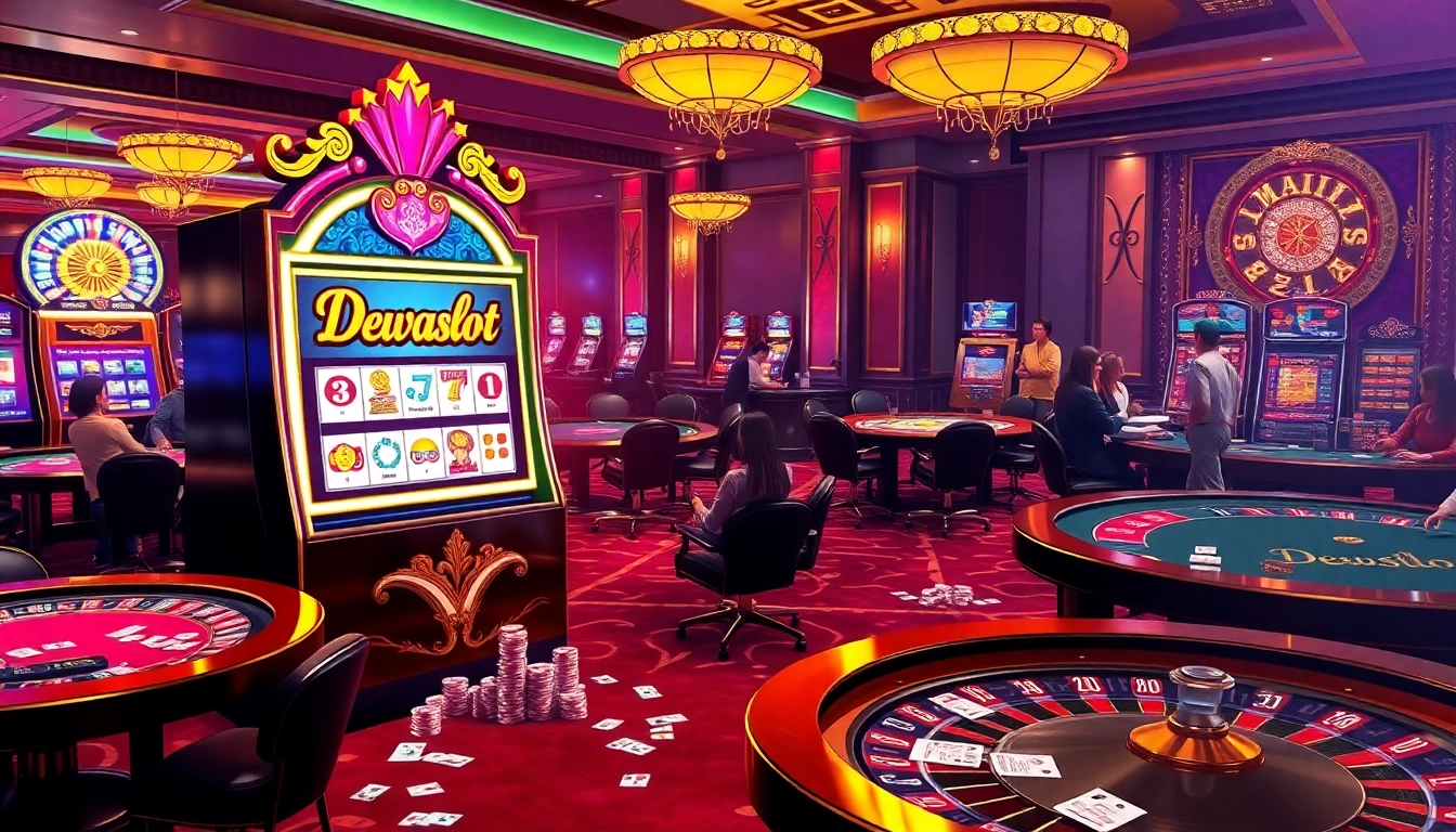 Dewaslot slot machine captivating players in a vibrant casino scene with poker chips and roulette wheels.