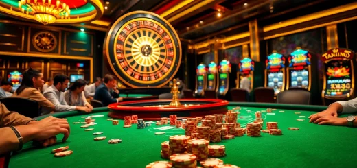 Experience the excitement at ta88, with players at a vibrant poker table and a spinning roulette wheel in a luxurious casino.