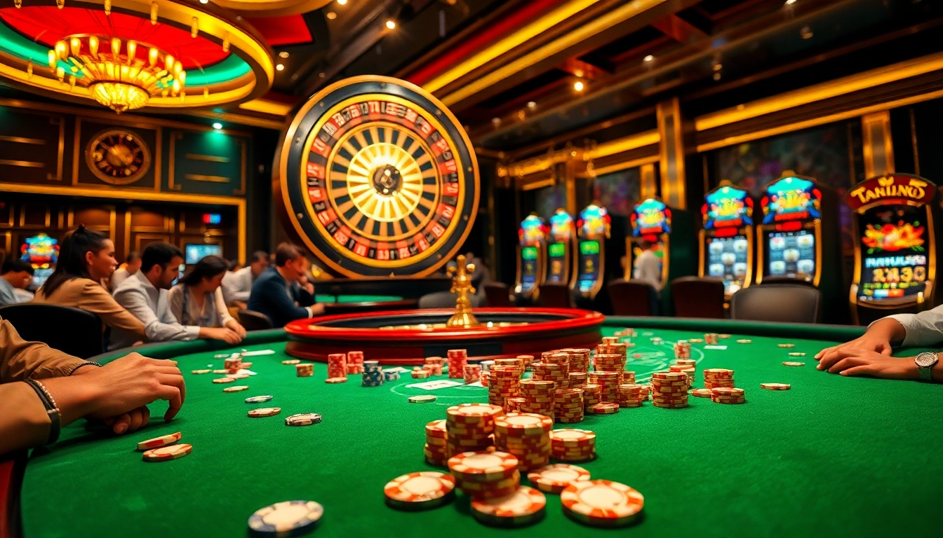 Experience the excitement at ta88, with players at a vibrant poker table and a spinning roulette wheel in a luxurious casino.