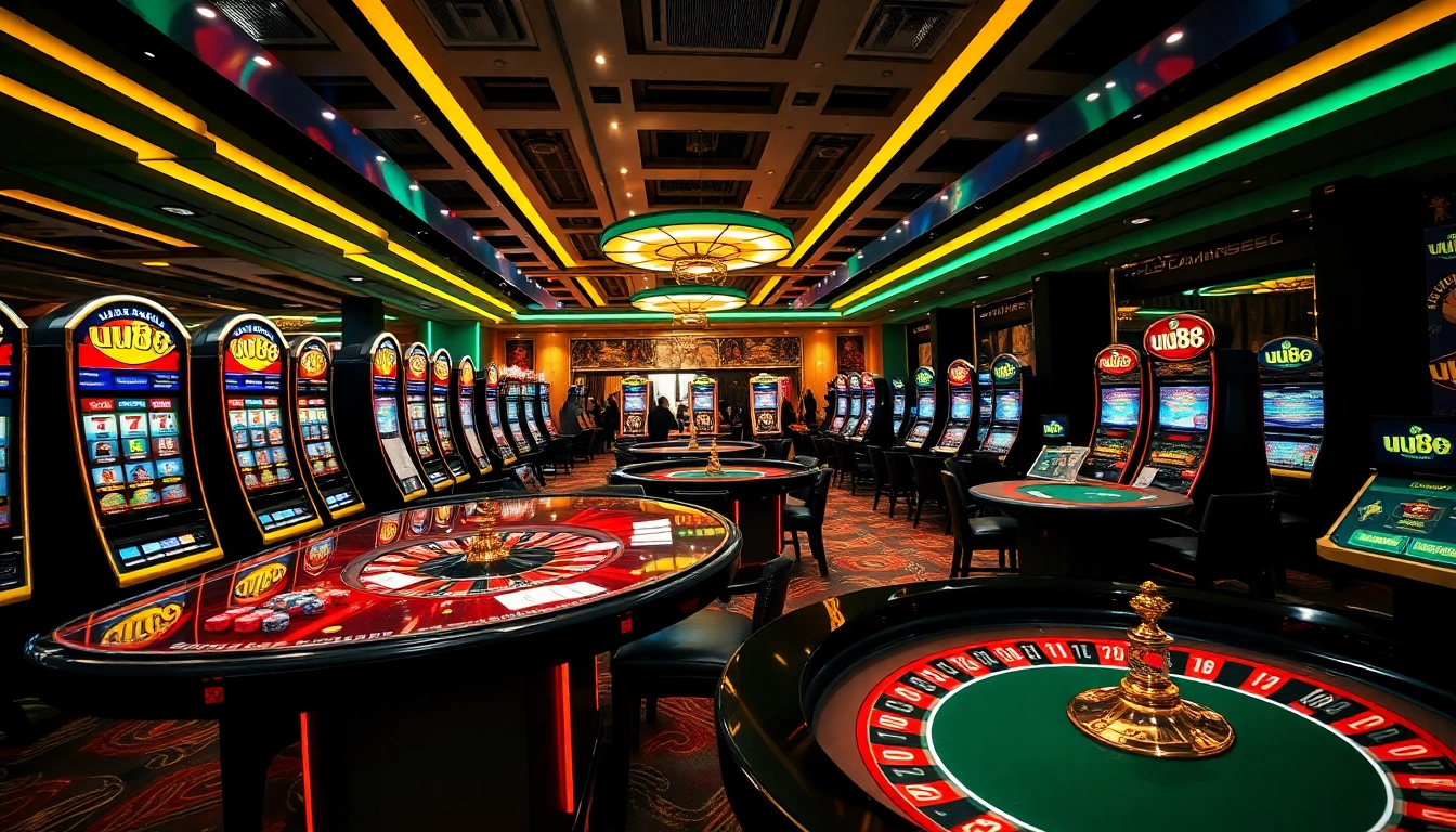A dynamic online gambling scene featuring uu88 with vibrant slot machines and casino tables.