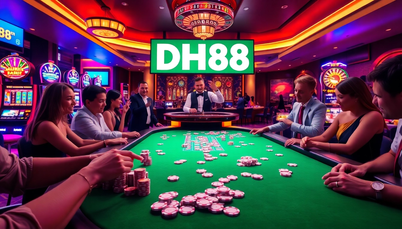 Winning moments at DH88 casino table with excited players and vibrant poker chips.