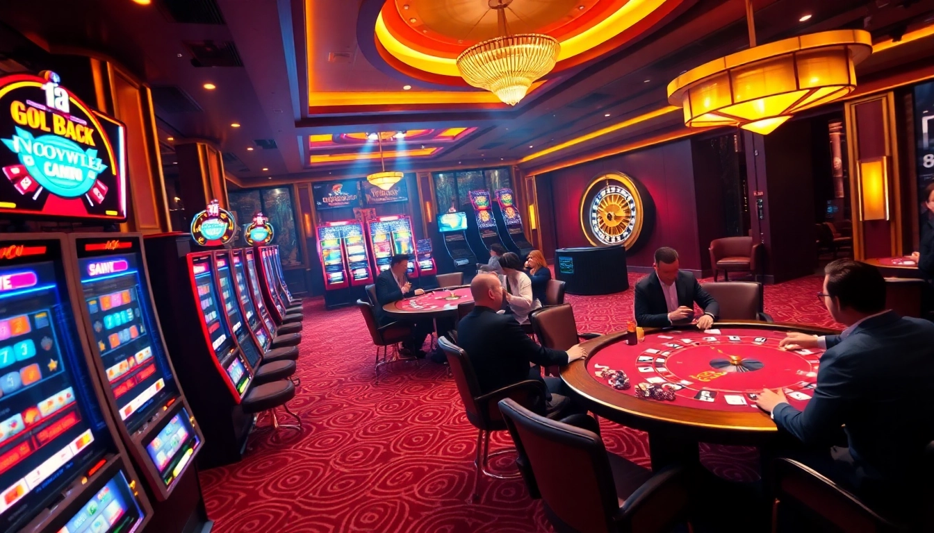 Nohu90's dynamic casino ambiance featuring vibrant slot machines and engaged players at poker tables.