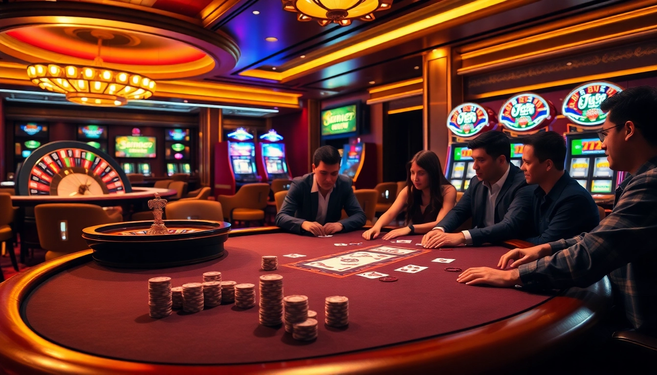 Players engaging in a strategic poker game at Xin88's luxurious casino, showcasing excitement.