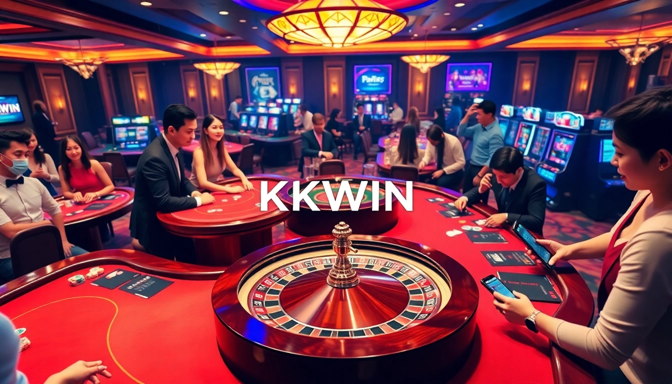Kkwin casino atmosphere with poker tables and players enjoying games in a luxurious setting.