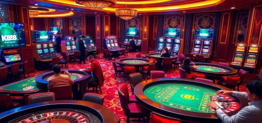 K88 casino players enjoying a thrilling game at vibrant tables with roulette wheels and slot machines.