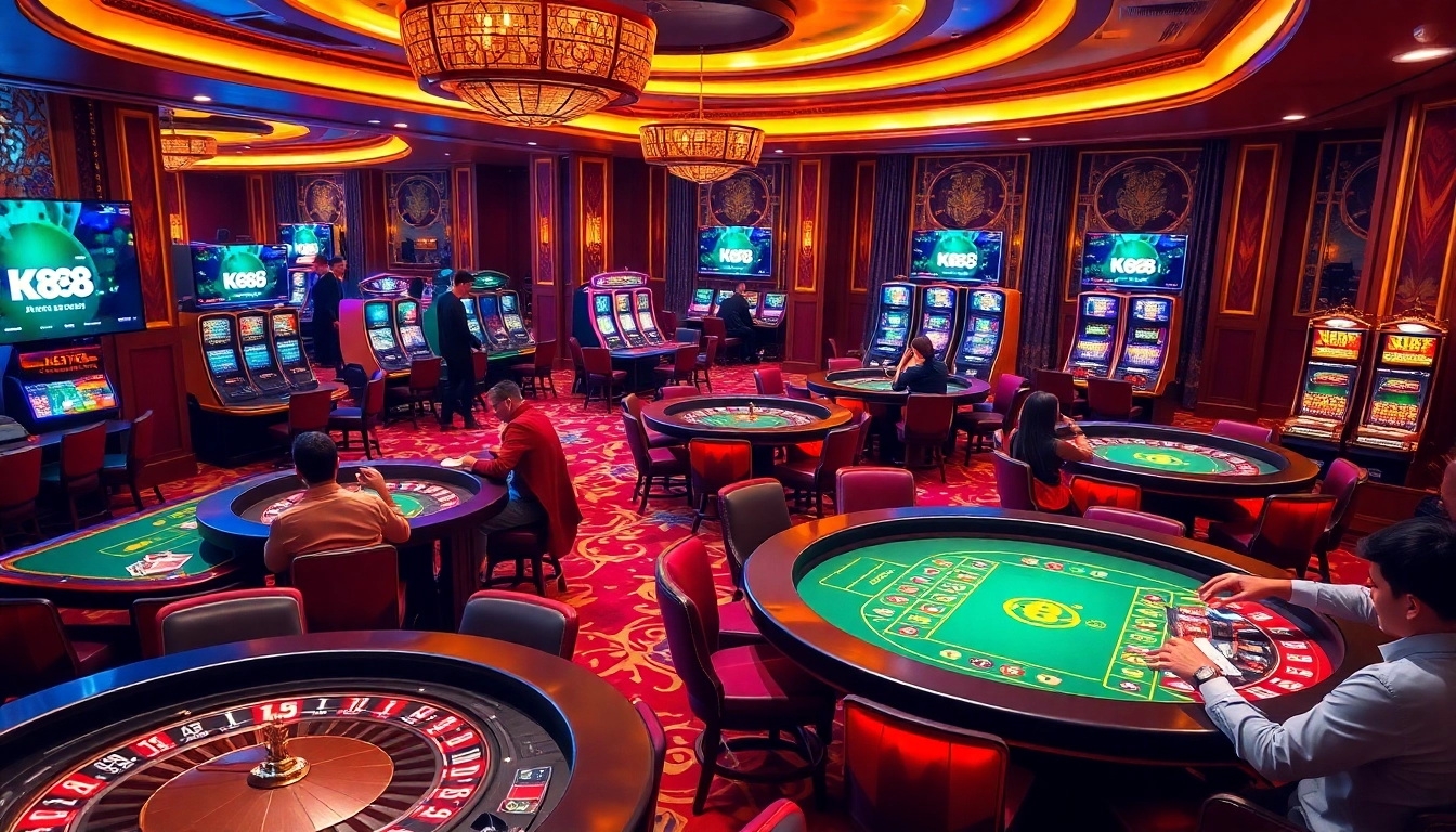 K88 casino players enjoying a thrilling game at vibrant tables with roulette wheels and slot machines.