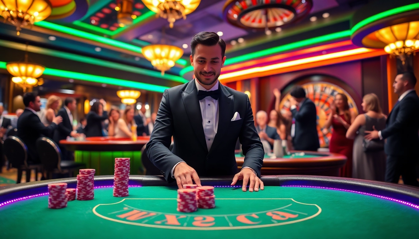 Bay789 casino scene with poker thrills, colorful chips, and a spinning roulette wheel.