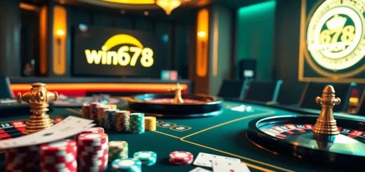 Experience thrilling gameplay at win678 with poker chips, cards, and a roulette wheel.