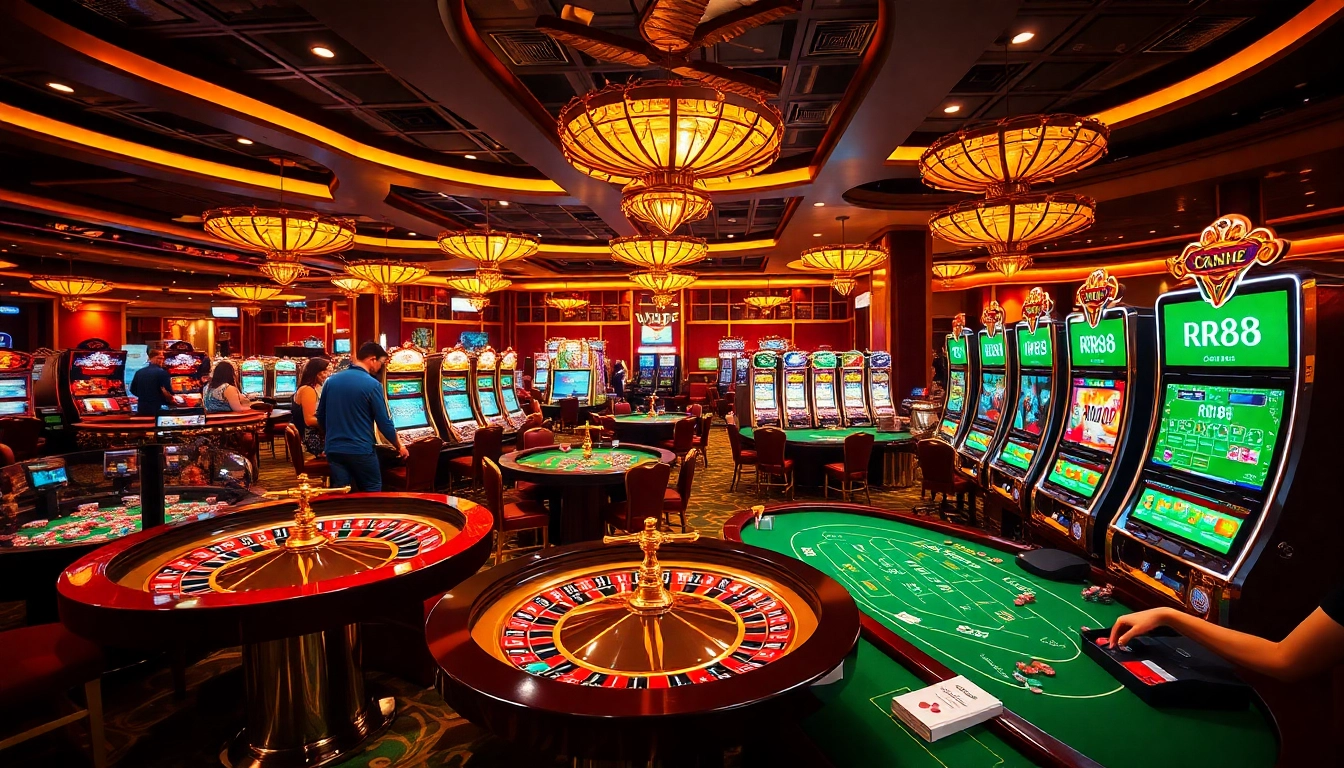 Experience the thrill of RR88 casino with vibrant games, roulette, and engaging players.