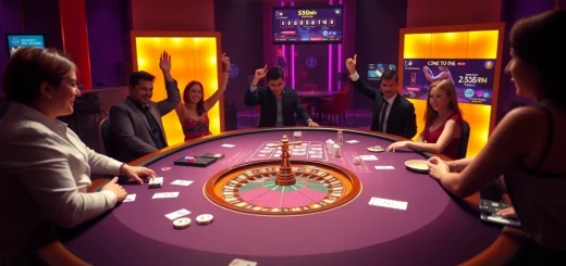 A dynamic gaming table scene at a high-end casino featuring poker chips and cards, embodying the excitement of 555win.