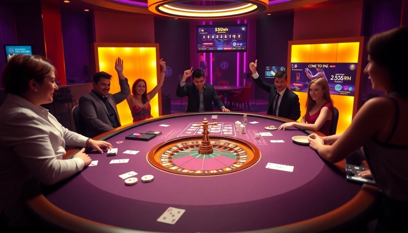 A dynamic gaming table scene at a high-end casino featuring poker chips and cards, embodying the excitement of 555win.