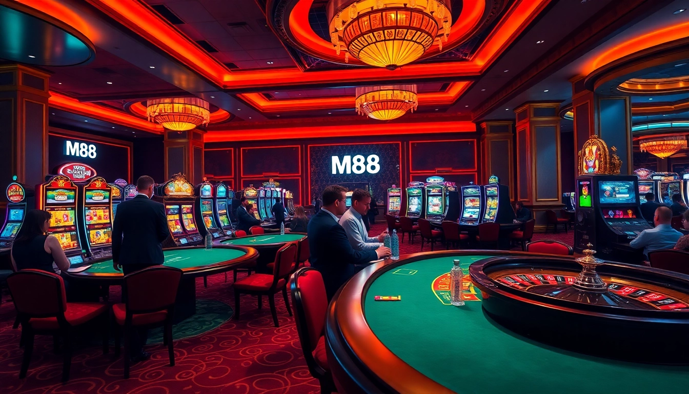M88 players enjoying a thrilling casino experience at high-stakes poker tables.
