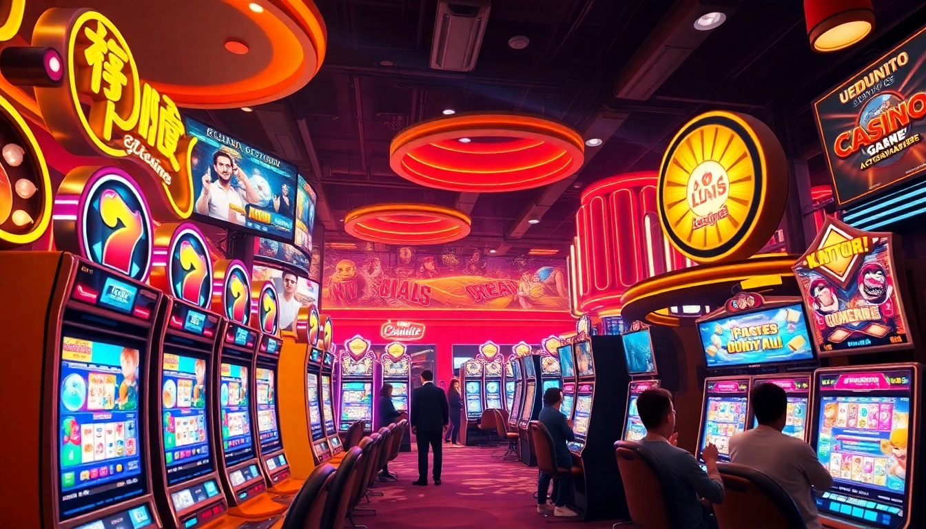 Asupantoto online betting scene with vibrant slot machines and excited players.