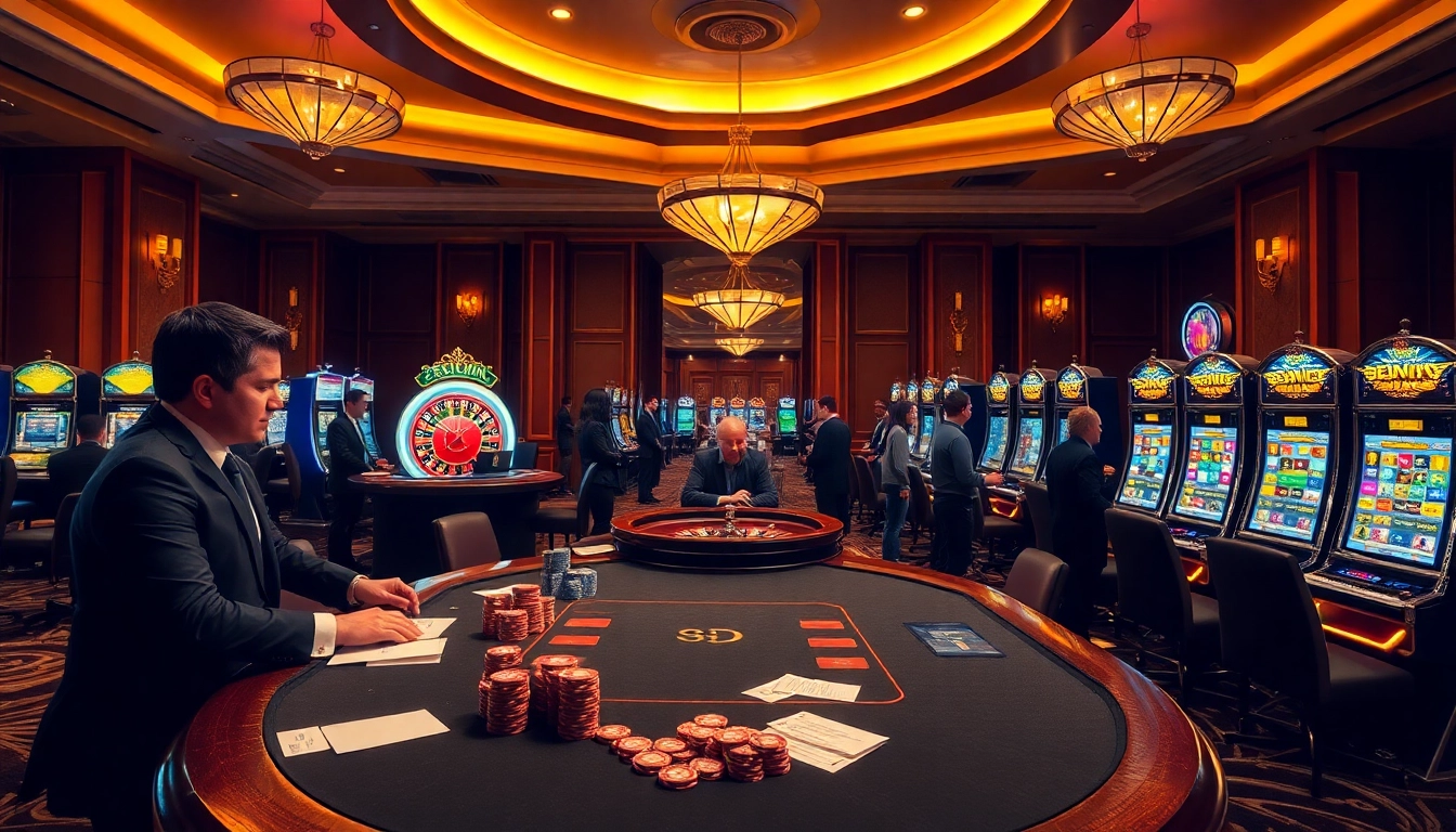 Players enjoying an exciting night at the 68win casino with roulette and poker tables.