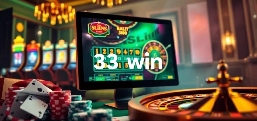 Experience excitement with 33win's vibrant online casino featuring stunning slot machines and poker chips.