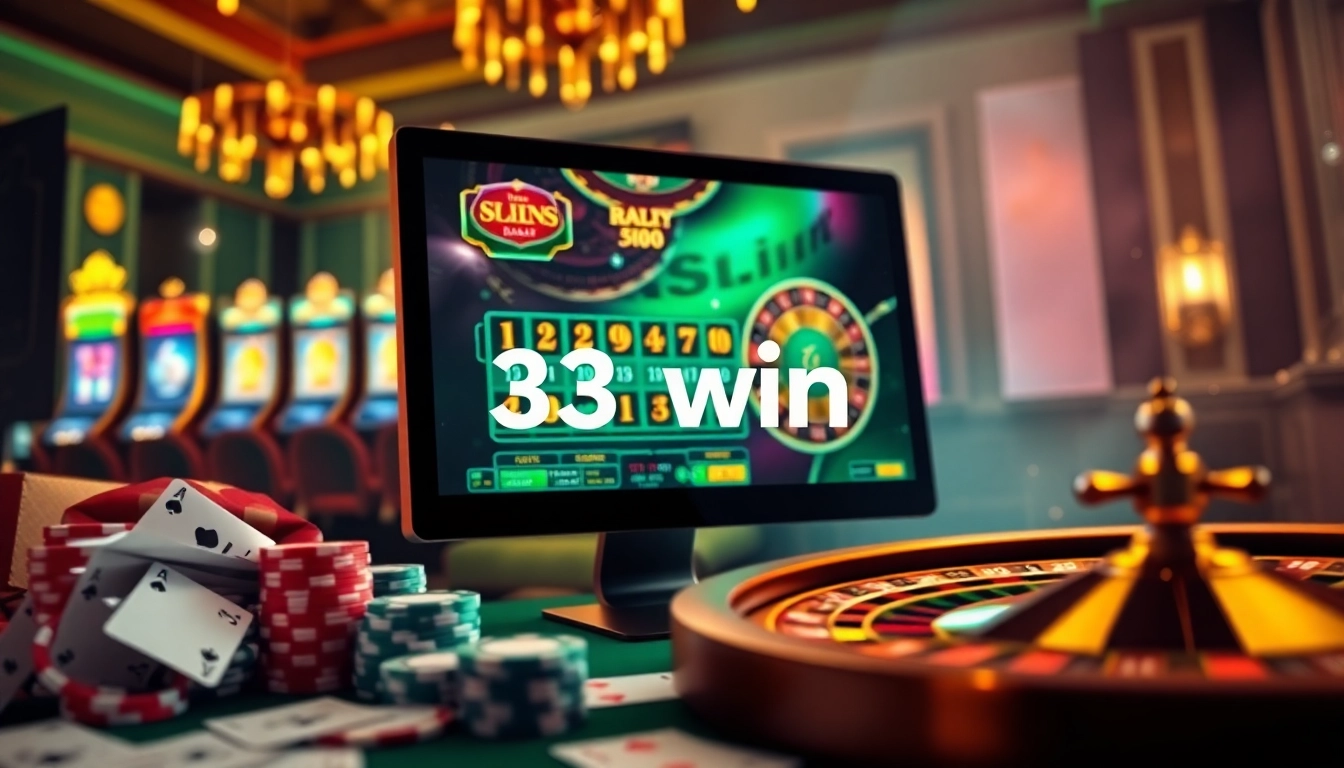 Experience excitement with 33win's vibrant online casino featuring stunning slot machines and poker chips.