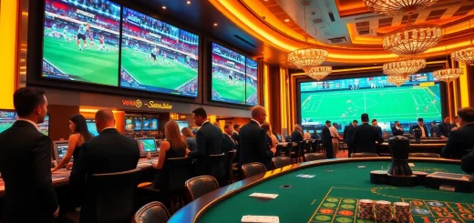 Engaging scene of kèo nhà cái betting enthusiasts at a luxurious casino sportsbook.
