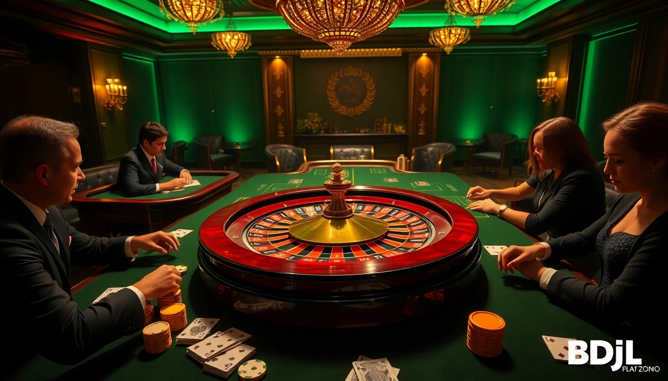 Players enjoying a thrilling roulette game at BDJL-themed casino table.