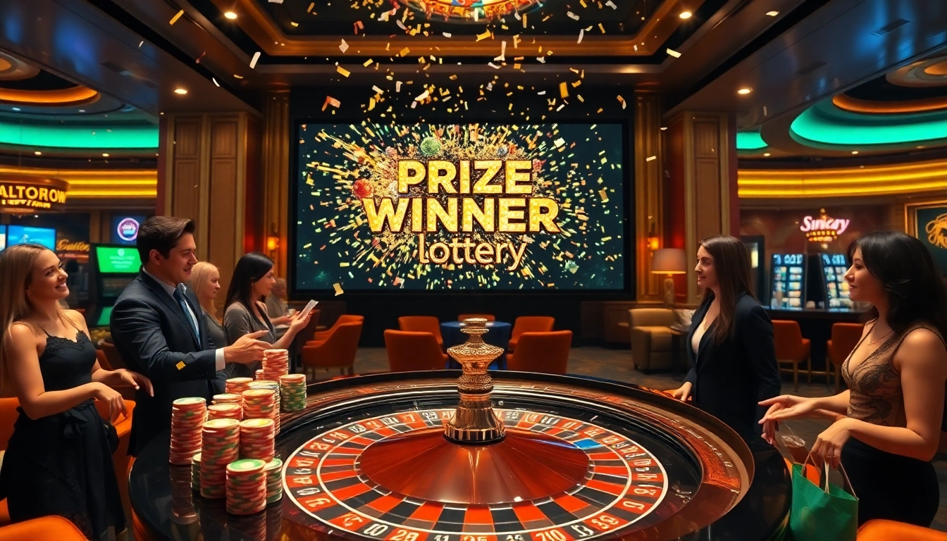 Explosion of a prize-winning lottery celebrated in a luxurious casino with roulette table and colorful chips.