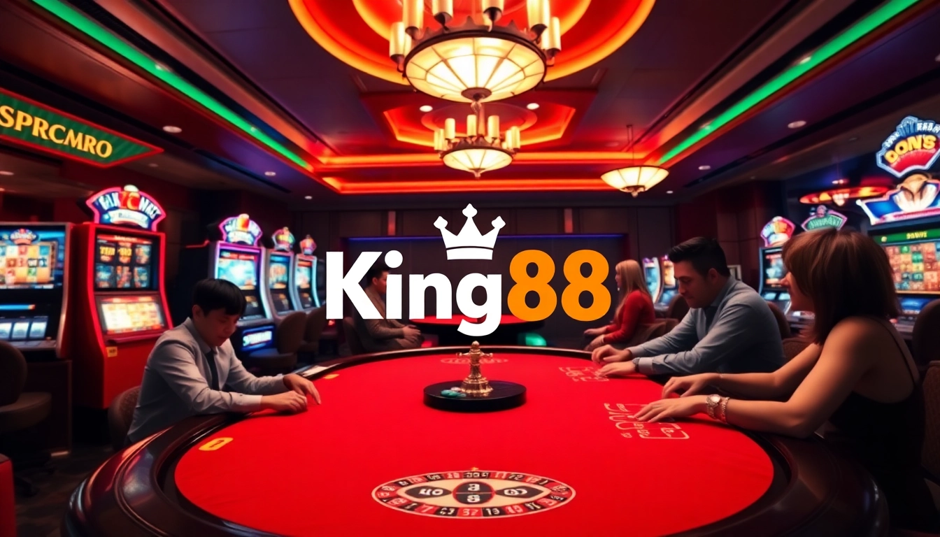 Players enjoying live casino games at King88 with vibrant slot machines and poker tables.