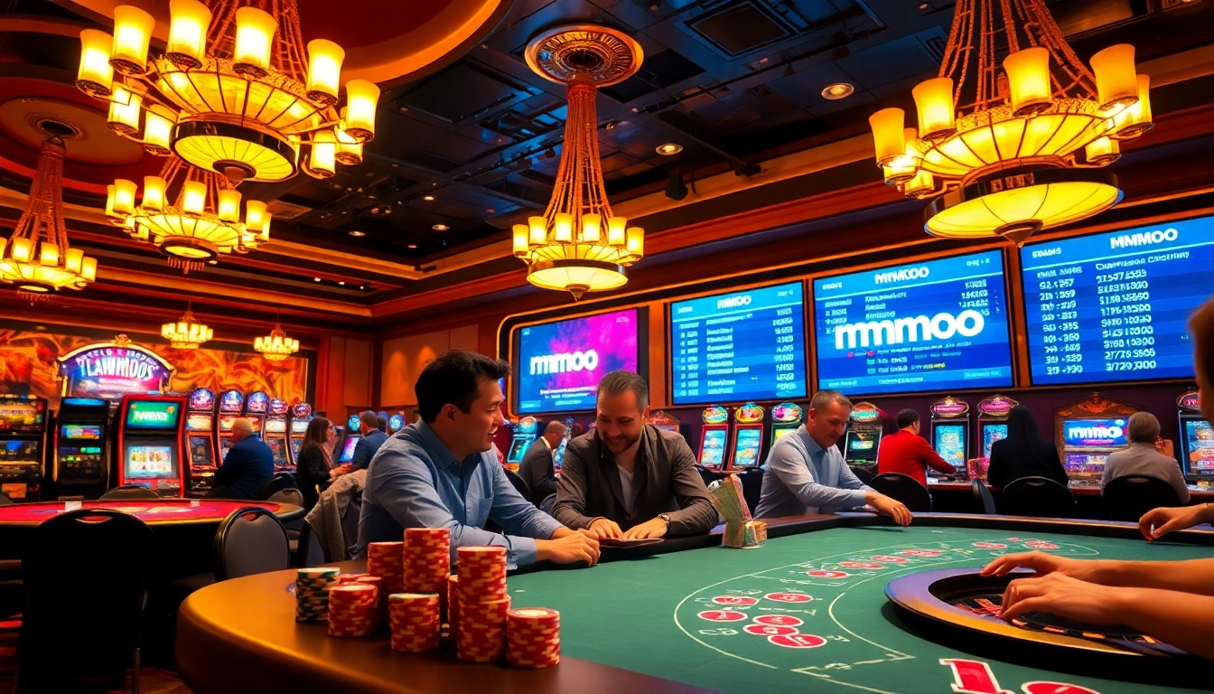 Gambling excitement at MMOO with players enjoying poker and roulette in a luxurious casino.