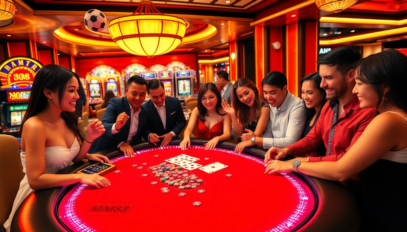 MM88 casino table scene with players enjoying poker and vibrant chips.