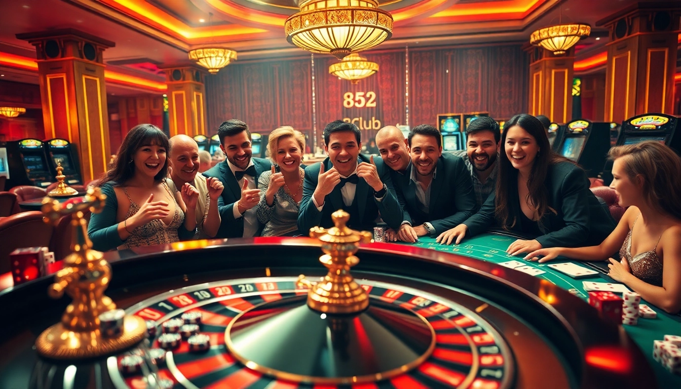 Excited players enjoying a game at B52club casino with roulette and blackjack tables.